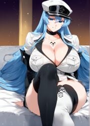 ai_generated akame_ga_kill! blue_eyes blue_hair breasts cap collar esdeath_(akame_ga_kill!) gigantic_breasts hi_res highres hollowbeak huge_breasts looking_at_viewer outfit skirt suit tagme tattoo