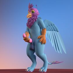 1:1 3d anthro avian balls beak bird bird_feet blue_body digital_media_(artwork) feathered_crest feathered_wings feathers galliform genitals green_eyes grin gryphon gyro_feather gyrotech hand_on_penis head_crest hi_res knot male mythological_avian mythology paws peafowl penis percy_technic phasianid pink_body quadruped smile tail_tuft tuft wings yellowstumps