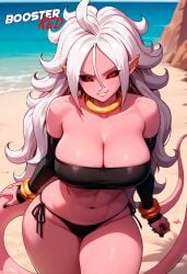 ai_generated android_21 android_21_(evil) bare_shoulders beach black_nails black_sclera bracelet breasts cleavage closed_mouth colored_sclera colored_skin detached_sleeves dragon_ball earrings female hips hoop_earrings large_breasts long_hair majin_21 pink_skin pointy_ears red_eyes side_tie_bikini_bottom smile tail thick_thighs tube_top white_hair wide_hips