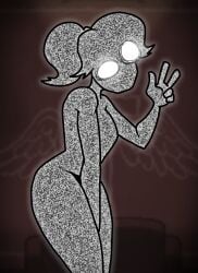 1girls bad_id breasts dogma_(the_binding_of_isaac) female grey_skin peace_sign ponytail solo static television the_binding_of_isaac w_i_d0084 white_eyes