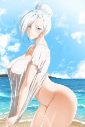 1girls alternate_version_available areolae areolae_visible_through_clothing ass beach big_breasts blue_eyes bottomless breasts female female_only hair hairbun hips huge_breasts kimmy77 nipples nipples_visible_through_clothing rwby shirt solo solo_female thighs topless topwear white_hair white_shirt winter_schnee