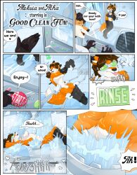 ass button cleaning clothed comic doctorbloxhams_(artist) female fox goggles hands male male/female naked orange_fur original_characters pussy tail washing water