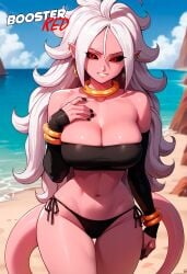 ai_generated android_21 android_21_(evil) bare_shoulders beach black_nails black_sclera boosterred99 bracelet breasts cleavage closed_mouth colored_sclera colored_skin detached_sleeves dragon_ball earrings female hips hoop_earrings large_breasts long_hair majin_21 pink_skin pointy_ears red_eyes side_tie_bikini_bottom smile tail thick_thighs tube_top white_hair wide_hips