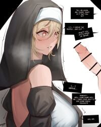 1boy 1girls 2024 blonde_hair blonde_hair censored english_text eroborne heart-shaped_pupils hi_res hypnosis hypnosis light-skinned_female light_skin nun oc simple_background text upper_body