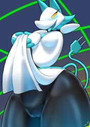 absurd_res anthro blue_hair blush breasts cameltoe clothing deltarune dewstar_(artist) female genitals hair hi_res leggings legwear plump_labia solo tasque_manager_(deltarune) tight_clothing tongue tongue_out undertale_(series) video_games wide_hips yellow_eyes