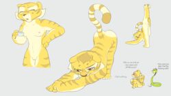 16:9 2019 ali_gonzheimer anthro blush breasts closed_eyes clothing container cup dialogue dreamworks duo english_text exposed felid female feral flexible genitals hi_res kung_fu_panda mammal master_tigress master_viper nipples pantherine pussy reptile scalie simple_background snake splits spread_legs spreading stretching text tiger underwear widescreen
