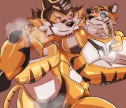 anthro blizzard_entertainment blush bob_(overwatch) duo felid furry goldlightyou hi_res lifewonders live-a-hero machine male male/male mammal muscular muscular_anthro muscular_male overwatch pantherine pecs robot ryekie_(live_a_hero) superhero tiger video_games