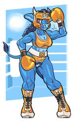 1girls 2021 absurd_res anthro anthro_only blue_body blue_fur blue_hair blush boots bovid bovine boxing boxing_gloves boxing_headgear boxing_ring bra breasts brown_eyes cleavage clothed clothing crotchless_bottomwear crotchless_clothing dcheese digital_media_(artwork) female fighting_ring flexing footwear fur genitals golden_boxing_gloves golden_boxing_headgear golden_gloves hair handwear headgear hi_res horn koc mammal muscular muscular_female pubes pussy pussy_cutout smile solo sport sports_bra underwear