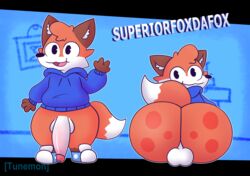 anthro ass balls big_butt big_penis canid canine clothed clothing digital_media_(artwork) fox fur genitals hair hi_res male mammal nude open_mouth penis simple_background smile solo soups_(superiorfox) text tunemon