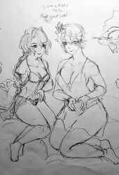 2girls black_raisin_cookie cookie_run flower_in_hair looking_at_viewer one_arm sketch traditional_media_(artwork) underwear white_lily_cookie