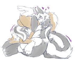 2018 5:4 ambiguous_gender anthro biped blush butt_sniffing duo fluffy fluffy_tail fur heart hi_res long_tail mammal mephitid motion_lines overweight sakamata sitting size_difference skunk sniffing tail_coil