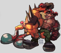 abs activision anthro bandicoot biceps big_muscles black_nose bodily_fluids brown_body brown_fur clothing crash_(series) crunch_bandicoot dasyuromorph erection fangs footwear fur genital_fluids genitals groping_crotch hi_res kissing looking_each_other male male/male male_only mammal marsupial muscular muscular_anthro muscular_male nipples orange_body orange_fur pecs penis precum raised_arm saliva shoes steam thylacine tiny_tiger vein veiny_muscles veiny_penis video_games yellow_body yellow_fur zunderrat