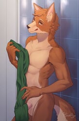 1boy anthro balls brown_body brown_fur canid canine canis cheek_tuft claws countershade_torso countershading domestic_dog erection erection_under_towel facial_tuft finger_claws fur genitals green_towel head_tuft hi_res husdingo inner_ear_fluff inside looking_at_viewer male male_only mammal nude penis shaded signature solo tile tile_wall tongue tongue_out towel tuft wall_(structure) yellow_eyes