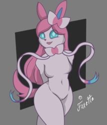 accessory anthro ass big_butt big_legs blue_eyes bow_tie breasts duo female foxette genitals hair headband hi_res humanoid looking_at_viewer navel nintendo pink_hair pokemon pussy small_breasts smile sylveon video_games