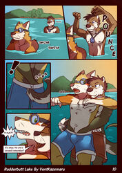 anthro blue_eyes blush blush_lines brown_body brown_fur brown_nose canid canine canis clothed clothing comic dialogue domestic_dog duo ears_back english_text eyewear from_behind_position fur goggles green_eyes grope groping_crotch hi_res hill howell_(ventkazemaru) jewelry lake lutrine male male/male mammal multicolored_body multicolored_fur mustelid necklace nipples oliver_(ventkazemaru) open_mouth outside pink_tongue pivoted_ears sex shiba_inu spitz sunset swimming_trunks swimwear teeth text tongue tongue_out topless topless_male two_tone_body two_tone_fur underwater ventkazemaru water whiskers white_body white_fur