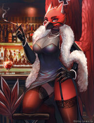 anthro avian bar barely_visible_genitalia barely_visible_pussy beak beverage breasts cameltoe cere_(anatomy) clothed clothing container cross cup drinking_glass fear_(terrorwing) female fur_coat genitals glass glass_container glass_cup gryphon hi_res iris-icecry iron_cross jewelry lingerie looking_at_viewer mythological_avian mythology one_leg_up partially_clothed presenting presenting_breasts presenting_pussy raised_leg red_baron smoking solo wine_glass wings