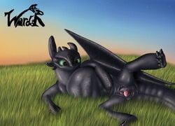 anus black_body blue_sky dragon dragon_pred dreamworks erection feral full_belly genitals green_eyes hand_on_stomach how_to_train_your_dragon lying male night_fury on_side penis scalie sky soft_vore solo sunset toothless vore ward0r western_dragon wings