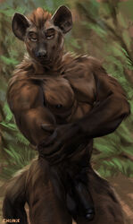 1boy 2021 5_fingers anthro brown_body brown_eyes brown_fur brown_glans brown_nipples brown_nose brown_penis chunie claws crossed_arms detailed_background digital_media_(artwork) fingers flaccid foreskin fur genitals glans head_tuft hi_res humanoid_genitalia humanoid_penis hyaenid lineless looking_at_viewer male male_only mammal muscular muscular_male nipples nude painting_(artwork) partially_retracted_foreskin pecs penis solo spots spotted_hyena standing traditional_media_(artwork) tuft