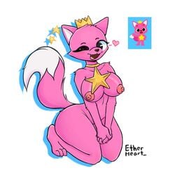 1:1 anthro canid canine crown etherheart female fox fur hi_res looking_at_viewer mammal multicolored_tail one_eye_closed pink_body pink_fur pinkfong_(character) rule_63 simple_background solo star white_background wink