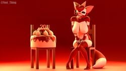 16:9 3d_(artwork) 4k 5_fingers 5_toes absurd_res big_breasts big_ears big_tail birthday breasts cake canid canine chair clothing creepy_smile dessert digital_media_(artwork) feet female fingers food fox furniture hands_on_thighs hat headgear headwear hi_res humanoid knives_(yovi) long_legs looking_at_viewer mammal mask party_hat purple_eyes red_fox sitting smile toes widescreen yovi_thing