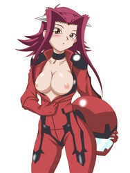 akiza_izinski blush bodysuit breasts brown_eyes catsuit clothing female female_only helmet highres human izayoi_aki jumpsuit looking_at_viewer red_hair solo takappe undressing white_background yu-gi-oh! yu-gi-oh!_5d's