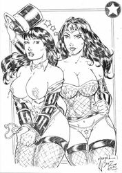 2010 2girls artist_name big_breasts bound bound_wrists breasts clothed dc_comics duo female female_only gloves hat holding_hat holding_object human jardel_cruz looking_aside looking_at_another medium_hair monochrome nipples panties rope saliva standing straight_hair tagme top_hat wonder_woman wonder_woman_(series) zatanna