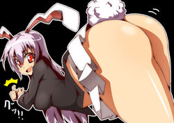 ass bent_over black_background bunny_ear bunny_tail female huge_ass lavender_hair long_hair no_panties open_mouth purple_hair red_eyes reisen_udongein_inaba smile solo tail thumbs_up toudori touhou