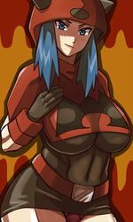 1girls 2017 alternate_breast_size belt black_clothing black_gloves blue_eyes blue_hair blush breast_suppress breasts clothed clothing covered_navel dress fake_horns female female_only female_team_magma_grunt female_team_magma_grunt_(pokemon_rse) gloves hand_on_chest highres hood horns large_breasts lingerie looking_at_viewer matching_hair/eyes nakaba nintendo panties pantyshot pantyshot_(standing) pokemon pokemon_rse red_background red_clothing red_panties short_dress sidelocks simple_background smile solo standing team_magma team_magma_grunt team_magma_grunt_(female) team_magma_grunt_(pokemon_rse) thick_thighs thighs tight_clothing toned underwear uniform wide_hips wrist_cuffs zettai_ryouiki