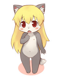 1girls 3_toes 4_fingers anthro blonde_hair blush cheek_tuft claws ear_fluff female female_only flat_chest front_view full_body gaoru grey_fur hand_on_chest huge_eyes huge_head long_hair looking_at_viewer nipples nude open_mouth pussy red_eyes simple_background solo standing straight_hair tagme there_is_a_devil toony white_background white_fur wolf