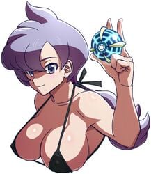 1girls 2018 alternate_breast_size anabel_(pokemon) anabel_(pokemon_sm) armpits beast_ball bikini bikini_top black_bikini bow breasts cleavage female female_only hair_ribbon holding_poke_ball large_breasts long_hair looking_at_viewer low_ponytail matching_hair/eyes nakaba nintendo nipple_bulge poke_ball pokemon pokemon_sm ponytail purple_eyes purple_hair ribbon simple_background smile solo swimsuit tied_hair upper_body white_background