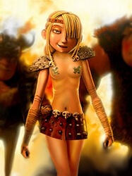 1girls astrid_hofferson blonde_hair blue_eyes hair_over_one_eye hourglass_figure how_to_train_your_dragon nipple_tape pasties pauldrons skirt spiked_skirt viking