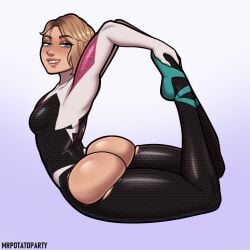 1girls ass big_ass big_butt blonde_hair blue_eyes commission dat_ass eyebrow_piercing female female_only flexible gwen_stacy human looking_at_viewer marvel mrpotatoparty showing_off showing_off_ass skin_tight solo solo_female spandex spider-gwen spider-man:_into_the_spider-verse spider-man_(series) superheroine tooth_gap torn_bodysuit torn_bottomwear torn_clothes torn_clothing torn_pants