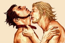 2boys adams_apple artist_request basch blonde_hair brown_hair collar facial_hair final_fantasy final_fantasy_xii gay licking male male_only multiple_boys nude tagme vossler yaoi