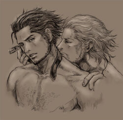 2boys artist_request basch_fon_ronsenburg closed_eyes collar facial_hair final_fantasy final_fantasy_xii gay kiss male male_nipples male_only monochrome multiple_boys pecs tagme topless vossler_azelas yaoi