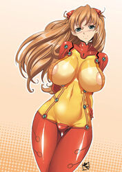 asuka_langley_sohryu breasts brown_hair chiro_(youkai_tamanokoshi) clothing erect_nipples erect_nipples_under_clothes green_eyes hair hips huge_breasts large_breasts long_hair neon_genesis_evangelion nipples plugsuit rebuild_of_evangelion test_plugsuit wide_hips