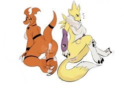 ass breasts color digimon exposed_breasts female female_only fur furry furry_ass furry_breasts genderswap guilmon interspecies larvitar_(artist) multiple_females renamon vulva