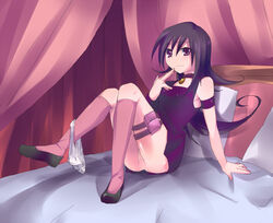 1girls artist_request bed bedroom black_shoes curtains duel_masters female female_only flats full_body indoors knees_together_feet_apart knees_up on_bed panties_around_leg pendant_choker pillow pink_curtains pink_legwear pink_socks purple_eyes purple_hair pussy shoes short_dress small_breasts socks solo tagme tasogare_mimi white_panties