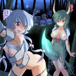 animal_ears bamboo bamboo_forest between_legs blue_eyes blue_hair blush bondage bow braid breasts breasts_apart brown_hair cat_ears caved chen ex-keine female forest fujiwara_no_mokou green_eyes green_hair grey_hair hair_ribbon hairbow hat horns imminent_rape kagiyama_hina keine_kamishirasawa long_hair momiji_inubashiri mouse_ears multiple_girls nature nazrin nipples nitori_kawashiro nude pussy_juice red_eyes red_hair ribbon rin_kaenbyou scroll short_hair silver_hair tail tail_between_legs tail_rape tied_hair tokin_hat touhou twintails uncensored wancozow white_hair wolf_ear wooden_horse yuri