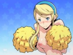 1girls blue_eyes blush breasts cheerleader embarrassed female heroman lina_davis long_hair nipples pointy_chin pom_poms shin_(sin-maniax) solo tears topless