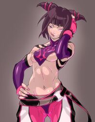 1girls :q areola_slip areolae breasts brown_hair cameltoe capcom decko female female_only fingerless_gloves gloves hair human juri_han lipstick muscles nail_polish naughty_face navel nipples purple_eyes pussy small_breasts solo straight_hair street_fighter street_fighter_iv tongue