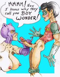 1boy age_difference batman_(series) blush catwoman dc dc_comics dick_grayson handjob huge_breasts huge_cock long_nails luthor_(artist) male muscular_female nipples older_female penis robin_(dc) robin_(dick_grayson) size_difference straight_hair testicles younger_male