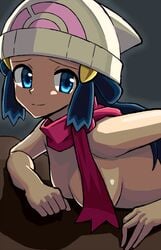 1girls 2018 beanie bent_over blue_eyes blue_hair breasts cleavage covered_breasts dawn_(pokemon) female female_only hair_ornament hat highres human human_only leaning_forward long_hair looking_at_viewer nakaba nintendo nude pokemon pokemon_dppt rock scarf small_breasts smile solo