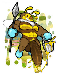 abs anthro arthropod balls bara bee big_penis blush bucket clothing container drone_honeybee food footwear genitals gloves grin handwear hexdisciple hi_res honey_(food) honeybee_(mario) huge_cock humanoid_genitalia humanoid_penis hymenopteran hyper hyper_genitalia hyper_penis insects male mario_(series) melee_weapon muscular muscular_male nintendo pecs penis polearm screencap screencap_background shoes smile solo spear super_mario_galaxy video_games weapon wings