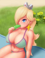 1girls beach blue_eyes flowers grass large_breasts light_blue_bikini looking_pleasured mario_(series) nintendo pale-skinned_female pale_skin popsicle popsicle_in_mouth princess princess_rosalina saf-404 safartwoks safartworks sand sitting sucking_ice_cream super_mario_galaxy tagme