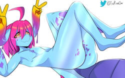 absurd_res ass big_tail blue_body cteno female flat_chested genitals gesture hair hi_res humanoid monster monster_girl_(genre) multi_arm multi_limb pink_hair presenting presenting_hindquarters presenting_pussy pussy red_eyes simple_background smile solo spots spotted_body thehonestrival thick_tail v_sign yellow_sclera