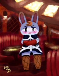 <3_eyes 2021 animal_crossing anthro biped blush cafe cigarette clothing digital_media_(artwork) dress eyebrows eyeshadow female genitals gloves handwear heart hi_res inside lagomorph leporid lipstick makeup mammal nintendo pubes pussy rabbit restaurant solo tiffany_(animal_crossing) video_games yiffnotgif