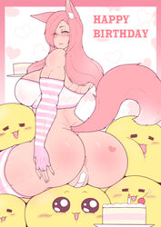 absurd_res animal_humanoid anus armwear ass athletic athletic_female bandaid_on_pussy big_butt birthday bra breasts canid canid_humanoid canine canine_humanoid clothing curvy_figure elbow_gloves english_text female fox_humanoid genitals gloves hair hand_on_butt handwear happy_birthday hi_res humanoid looking_at_viewer looking_back mammal mammal_humanoid muscular muscular_female pink_hair pinkdiablo pussy pussy_tape simple_background sitting solo text underwear