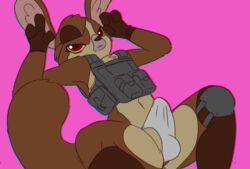 anthro bulge bulletproof_vest chromatic_aberration clothed clothing dreamworks erection erection_under_clothing eye_patch eyewear femboy hardscales knee_pads lemur lying madagascar_(series) male mammal mort mouse_lemur on_back primate solo strepsirrhine underwear