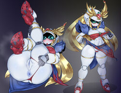 1girls anus ass blue_anus blush bra breasts censored clothing female genitals gundam humanoid looking_at_viewer mecha multiple_images nipples pochincoff presenting presenting_anus presenting_hindquarters presenting_pussy pussy robot robot_girl sd_gundam sd_gundam_sangokuden shukuyuu_gundam simple_background solo underwear white_body