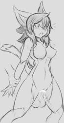 anthro balls blush bodily_fluids breasts canid canine canis cum cum_inside cute_fangs dipstick_tail duo female genital_fluids genitals greyscale hair hi_res jackal male male/female mammal markings monochrome open_mouth penis pussy sofia_(tetsushi) surprise tail_markings tetsushi traditional_media_(artwork)